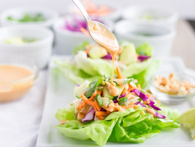 Thai Chicken Lettuce Wraps with Peanut Dressing