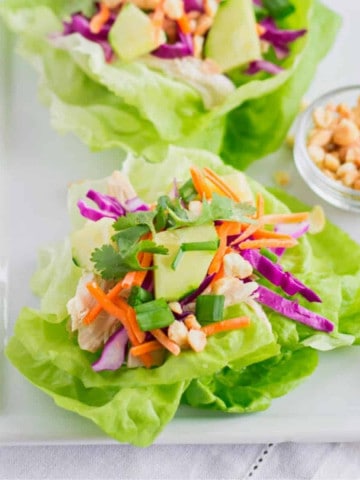 Feature image of Thai Chicken lettuce wraps on a plate.