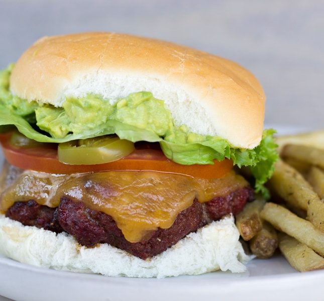 Chorizo Burger with Guacamole and french fries on the side.