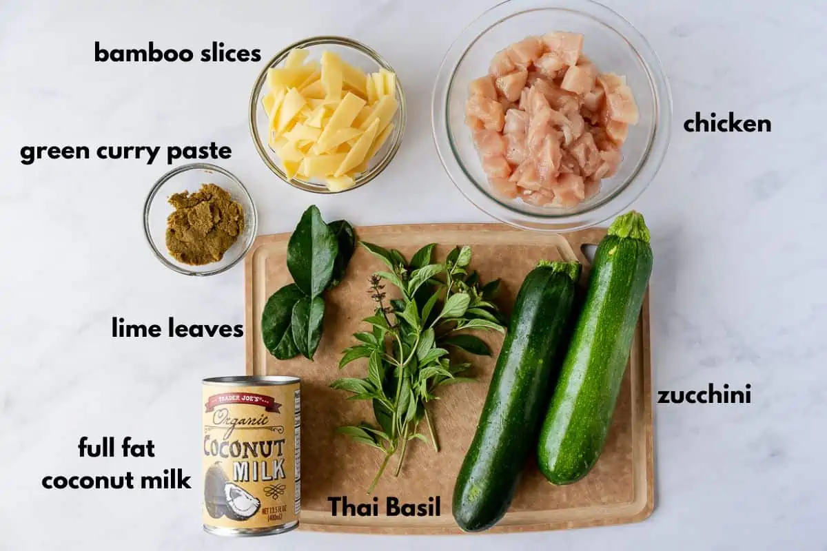 Ingredients for green curry and labeled with text.