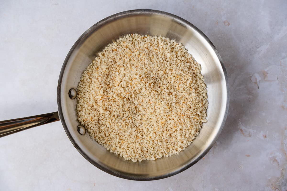 Toasted panko in a small skillet.