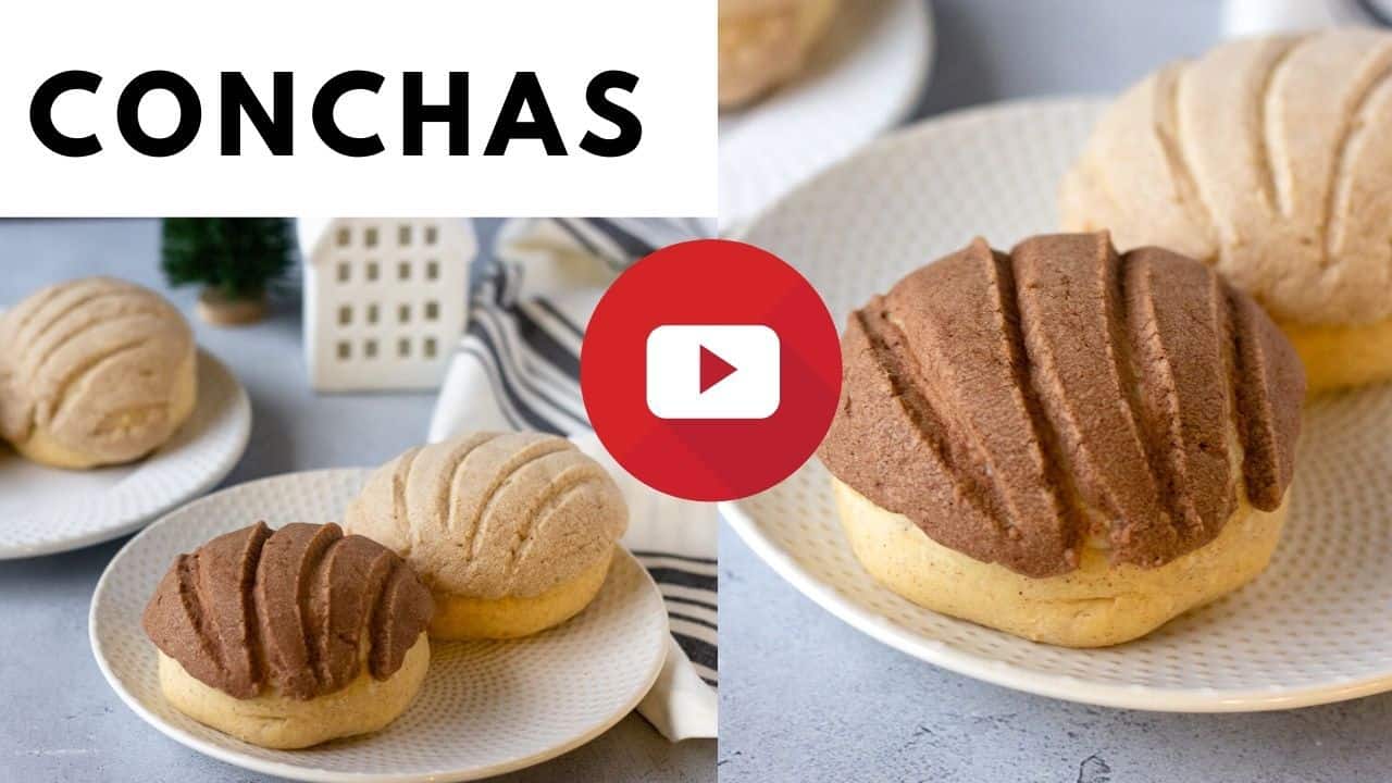 YouTube thumbnail with 2 images of conchas and text.