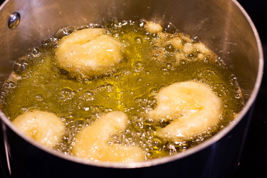 Shrimp frying in oil.