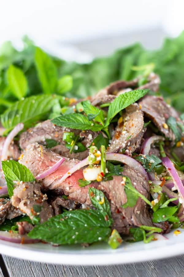 Close up of Sliced beef, onions, mint, and cilantro.