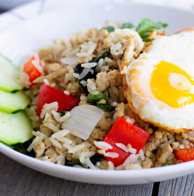 Completed fried rice bowl topped with a fried egg.