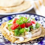 Close up of tostada on a blue plate