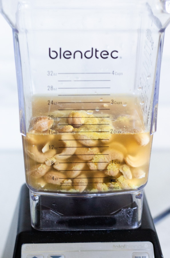 Soaked Cashews in a blender with vegetable stock.