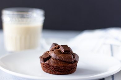 Single chocolate banana muffin on a white plate with a glass of milk in the background.