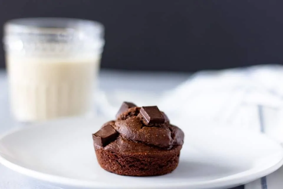 Single chocolate muffin on a white plate with a glass of milk in the background.