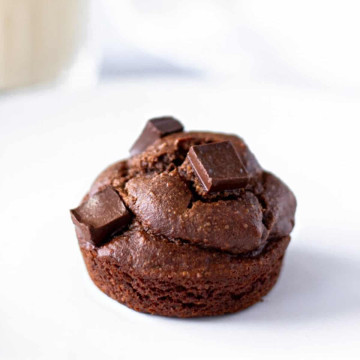 Up close view of 1 chocolate muffin.