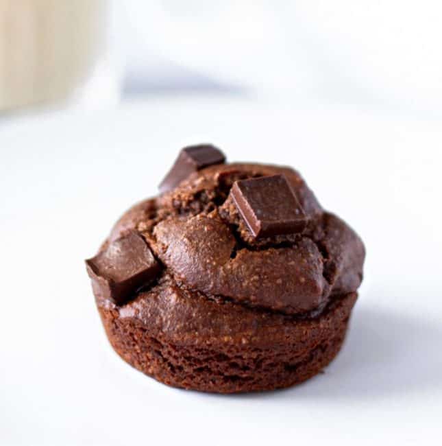 Up close view of 1 chocolate muffin.