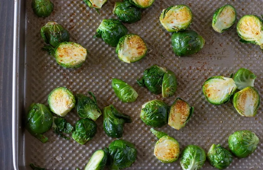 Roasted Brussel Sprouts on a baking sheet