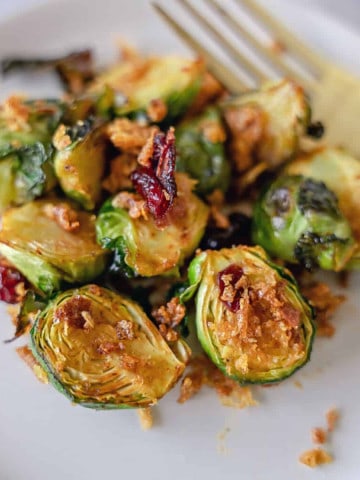 Feature image of brussels sprouts on small plate.
