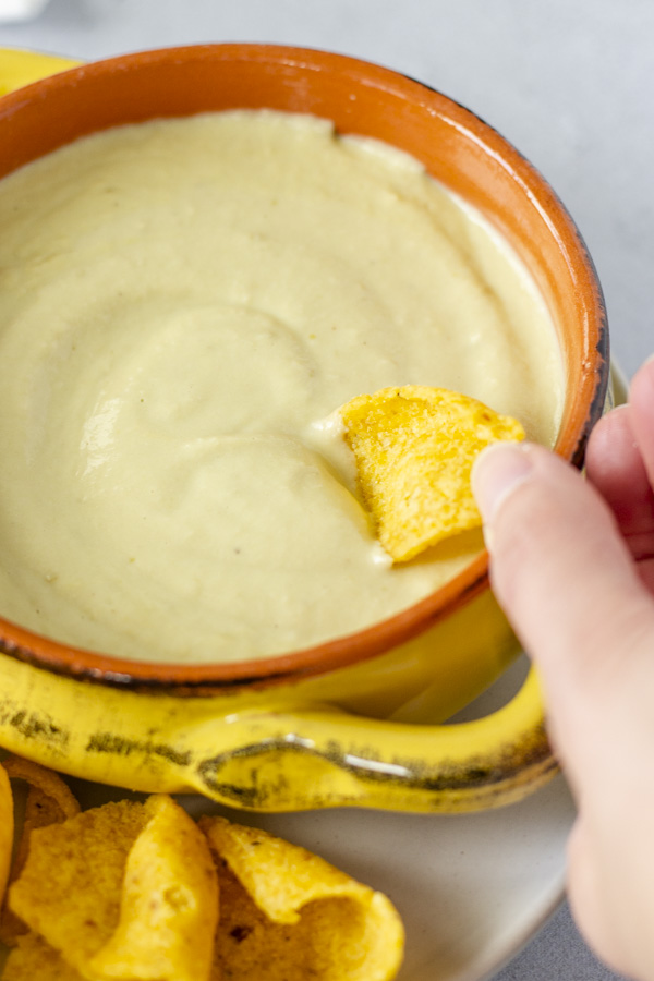 Hand holding a corn chip being dipped into the queso.