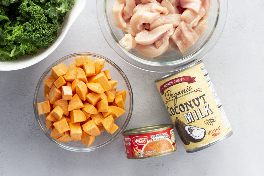 Ingredients for Thai Red Curry Chicken with Sweet Potato and Kale