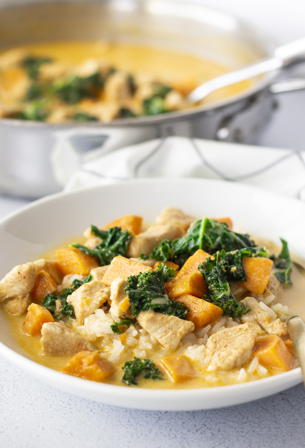 Curry in a bowl and large pot of curry in the background.