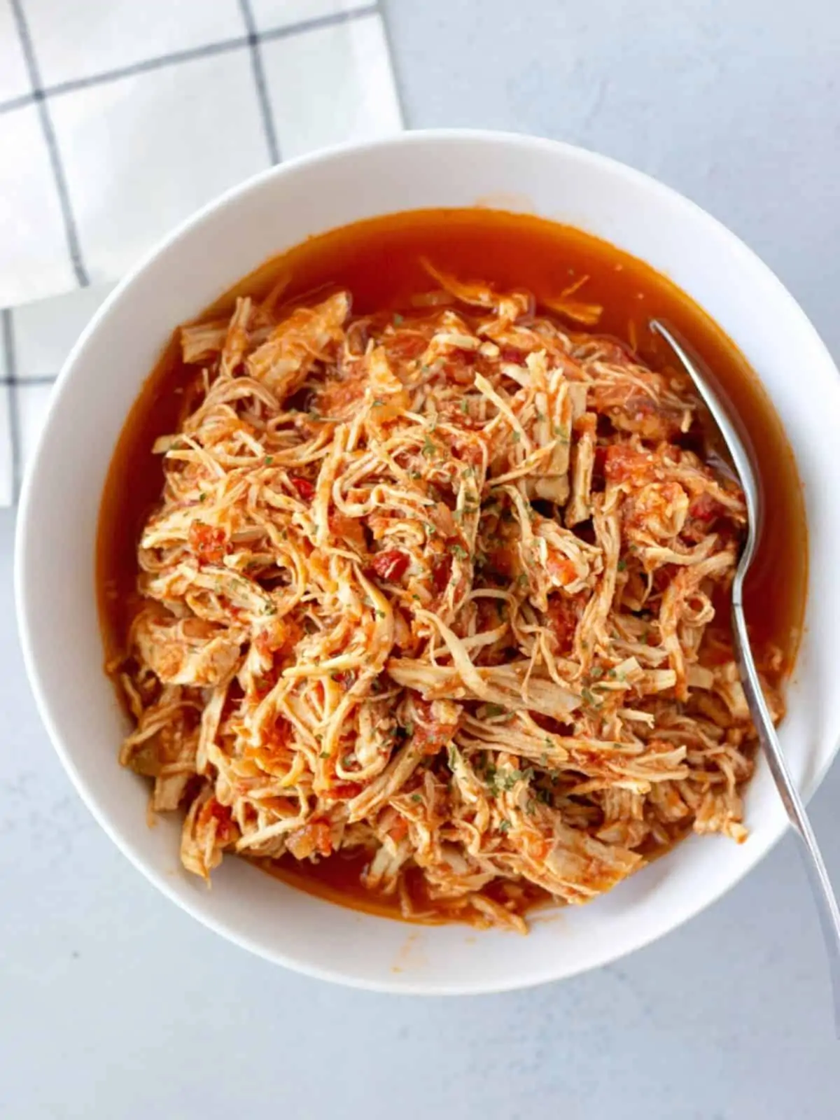 Overhead view of salsa chicken in a white bowl.