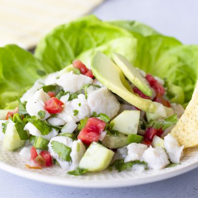 Vista orizzontale di pesce ceviche su un piatto con foglie di lattuga, condita con avocado, e patatine sul lato.