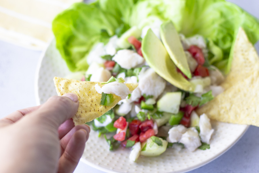 Hand hält einen Chip mit etwas Ceviche darauf.