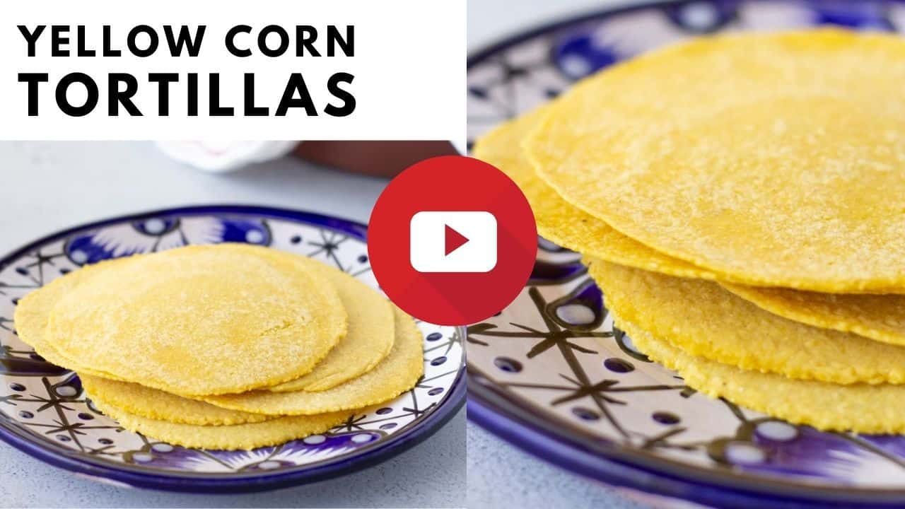 YouTube thumbnail with 2 images of yellow corn tortillas and text.