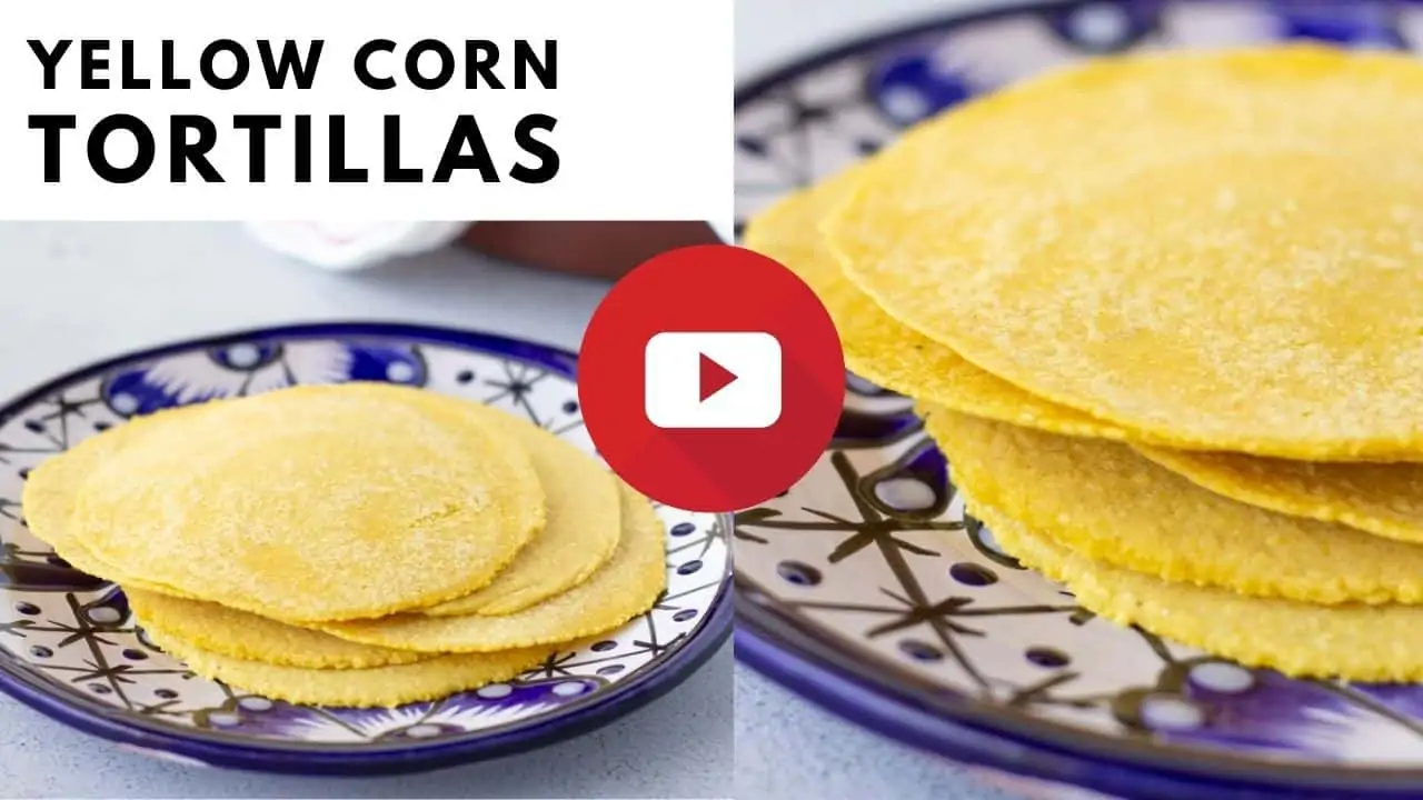 YouTube thumbnail with 2 images of yellow corn tortillas and text.