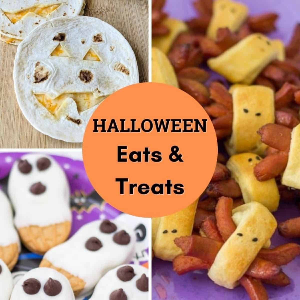 Feature image with text and pictures of Halloween Food.