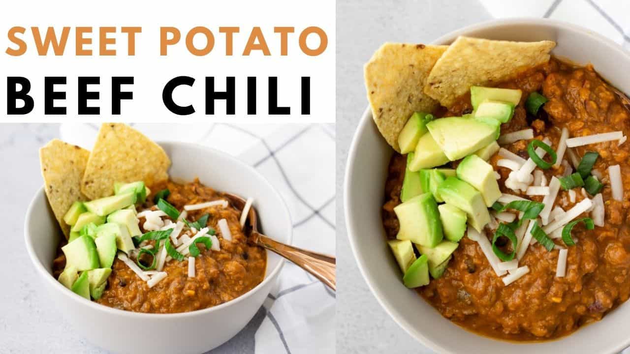 Two images of chili with text saying, 'Sweet Potato Beef Chili'. 
