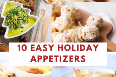 Text Overlay saying '10 Easy Holiday Appetizers' with a collage of different appetizers.