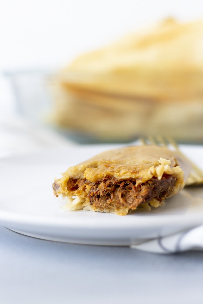 Up close view of a single tamale on a white plate and view of the beef filling.