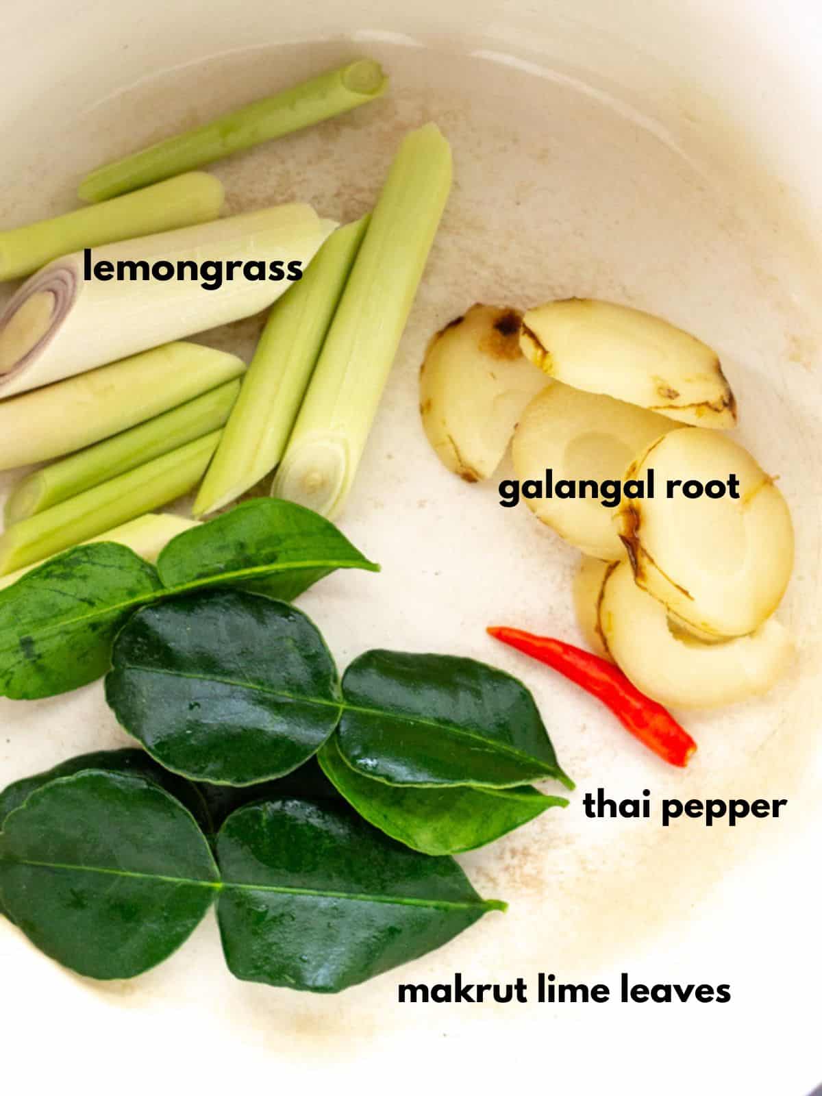 Aromatic ingredients for tom kha in a pot.