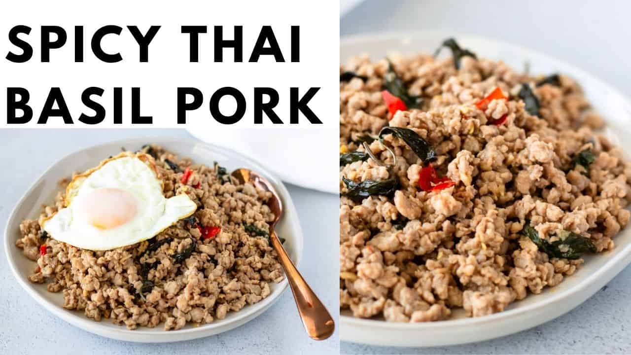 Youtube thumbnail with 2 images of basil dish.
