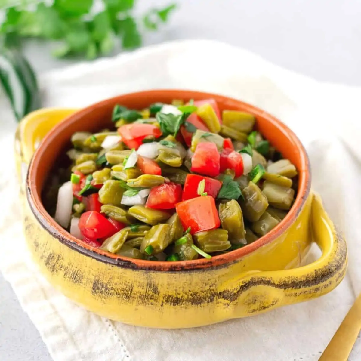 Up close view of cactus salad in a yellow bowl.