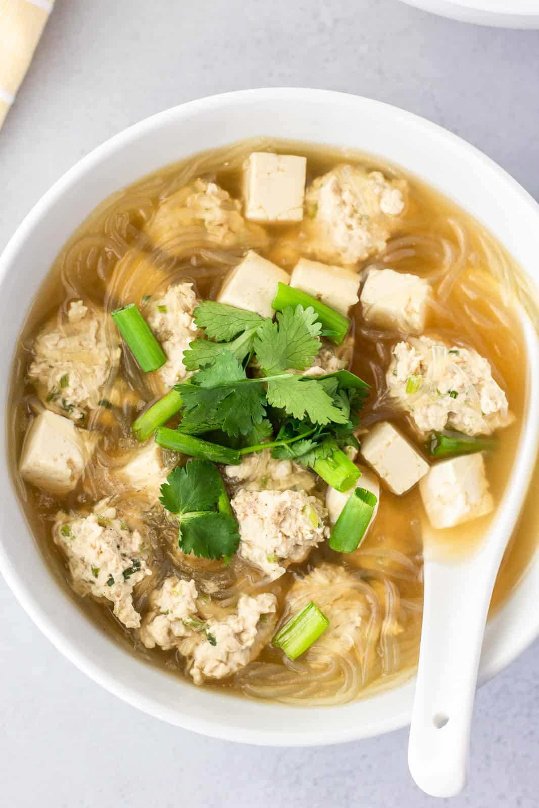 Overhead view of soup garnished with cilantro leaves and green onions.