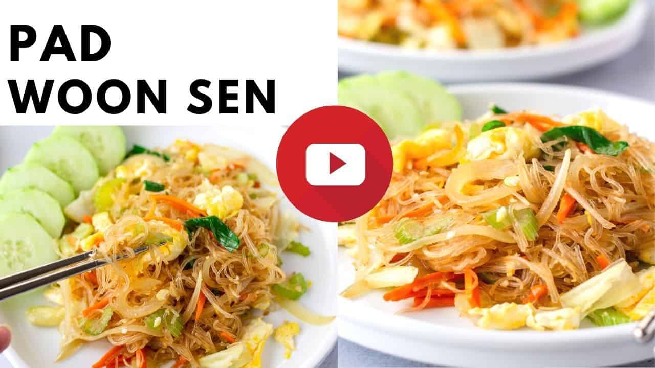YouTube thumbnail with 2 images of pad woon sen noodle dish.
