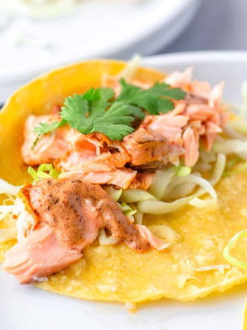 up close view of salmon on yellow corn tortilla with shredded cabbage, chipotle sauce, and cilantro.