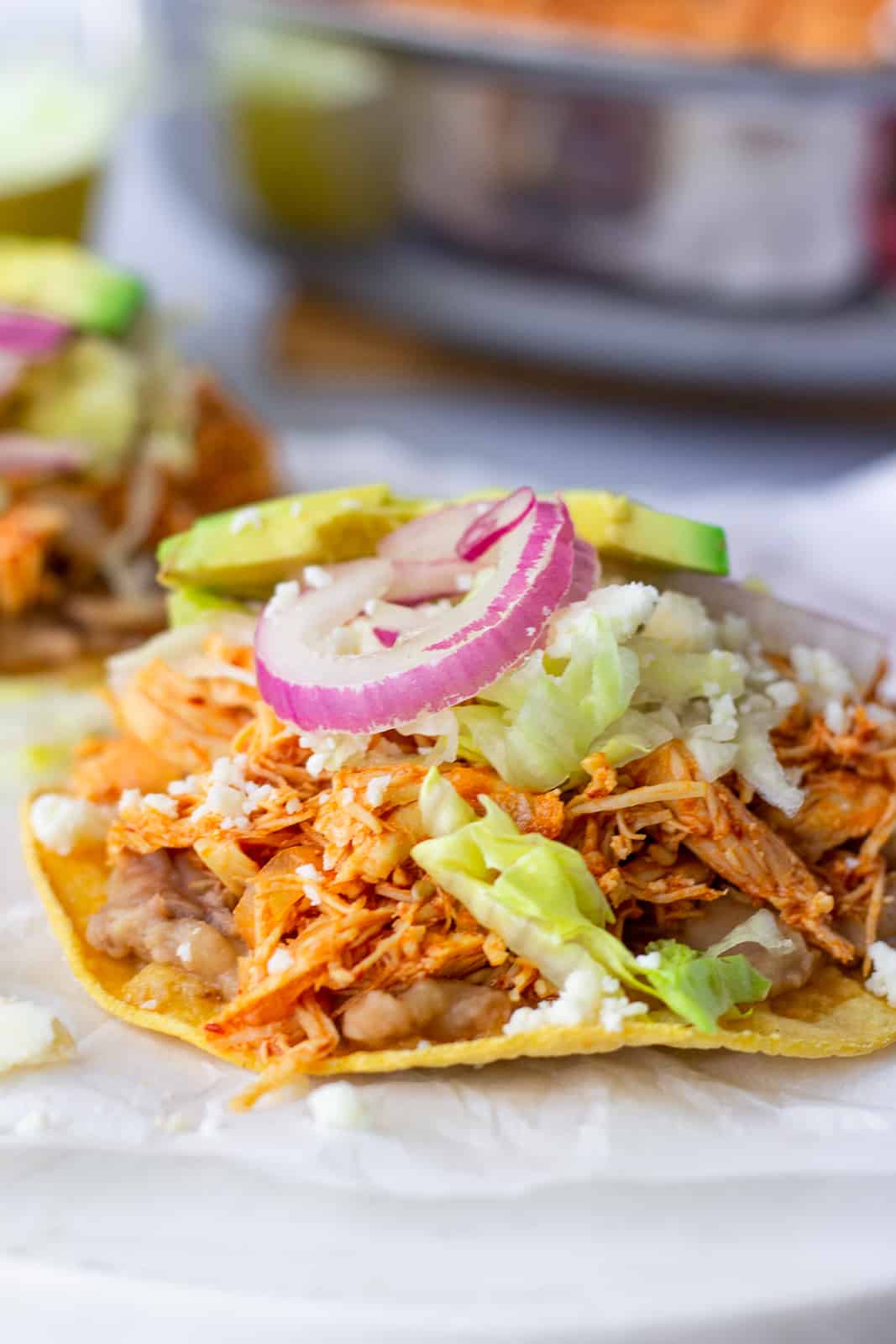 Up close view of completed Chicken Tinga Tostadas