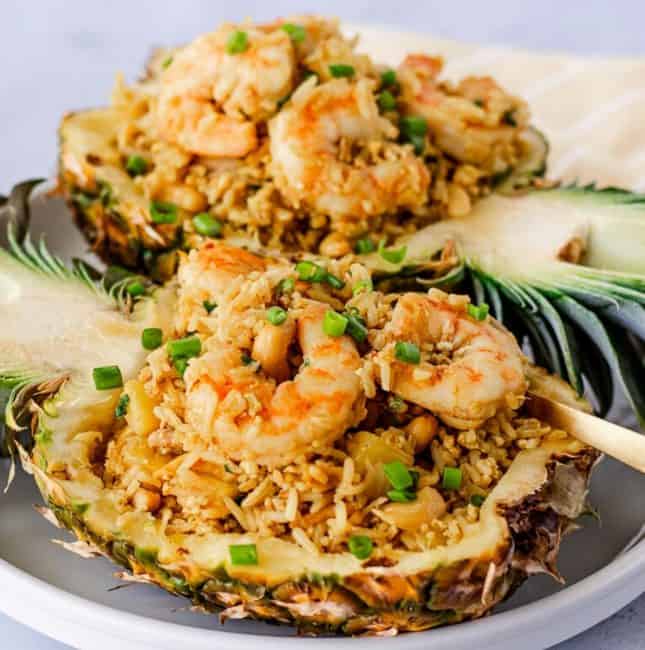 Up close view of fried rice in pineapple shell