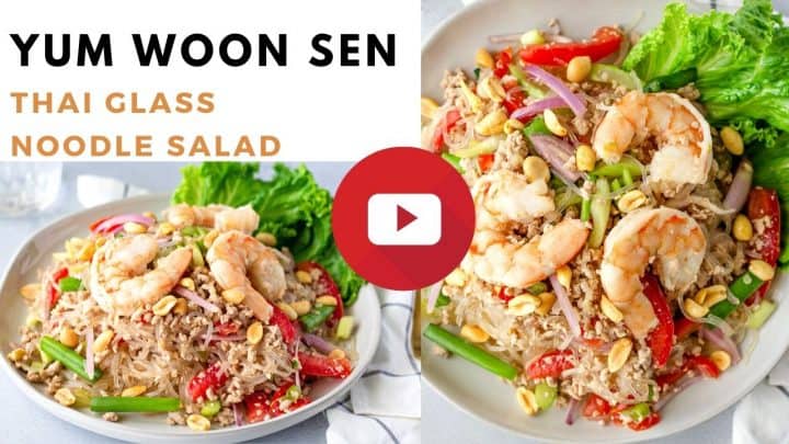 YouTube thumbnail with 2 images of glass noodle salad and text saying, 'yum woon sen'.