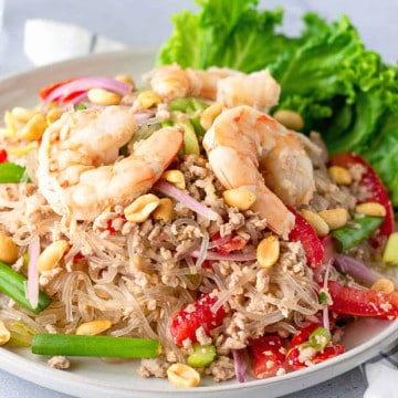 Feature image of glass noodle salad topped with shrimp.