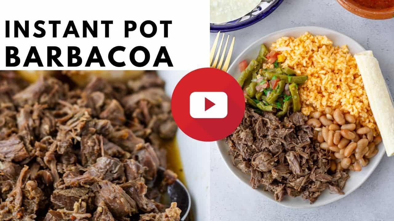 YouTube thumbnail with text saying, 'Instant Pot Barbacoa'.