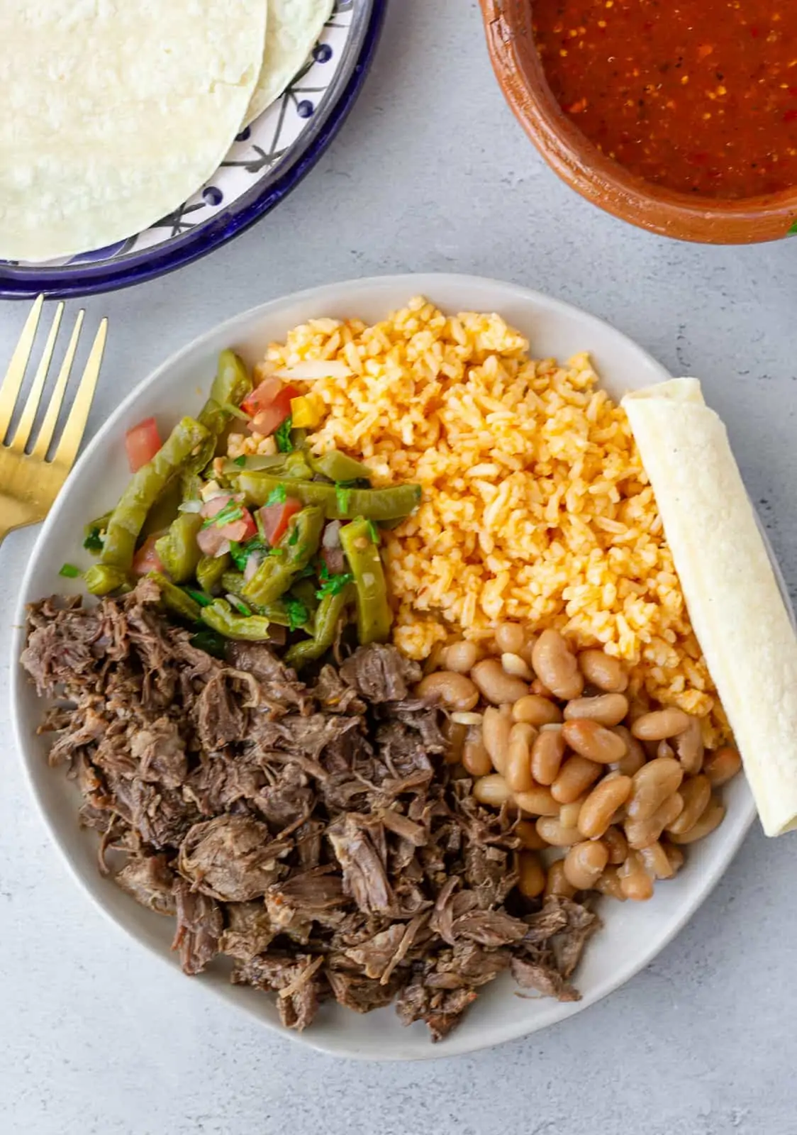 Overhead view of barbacoa on plate with beans, rice, cactus salad, and a rolled tortilla.