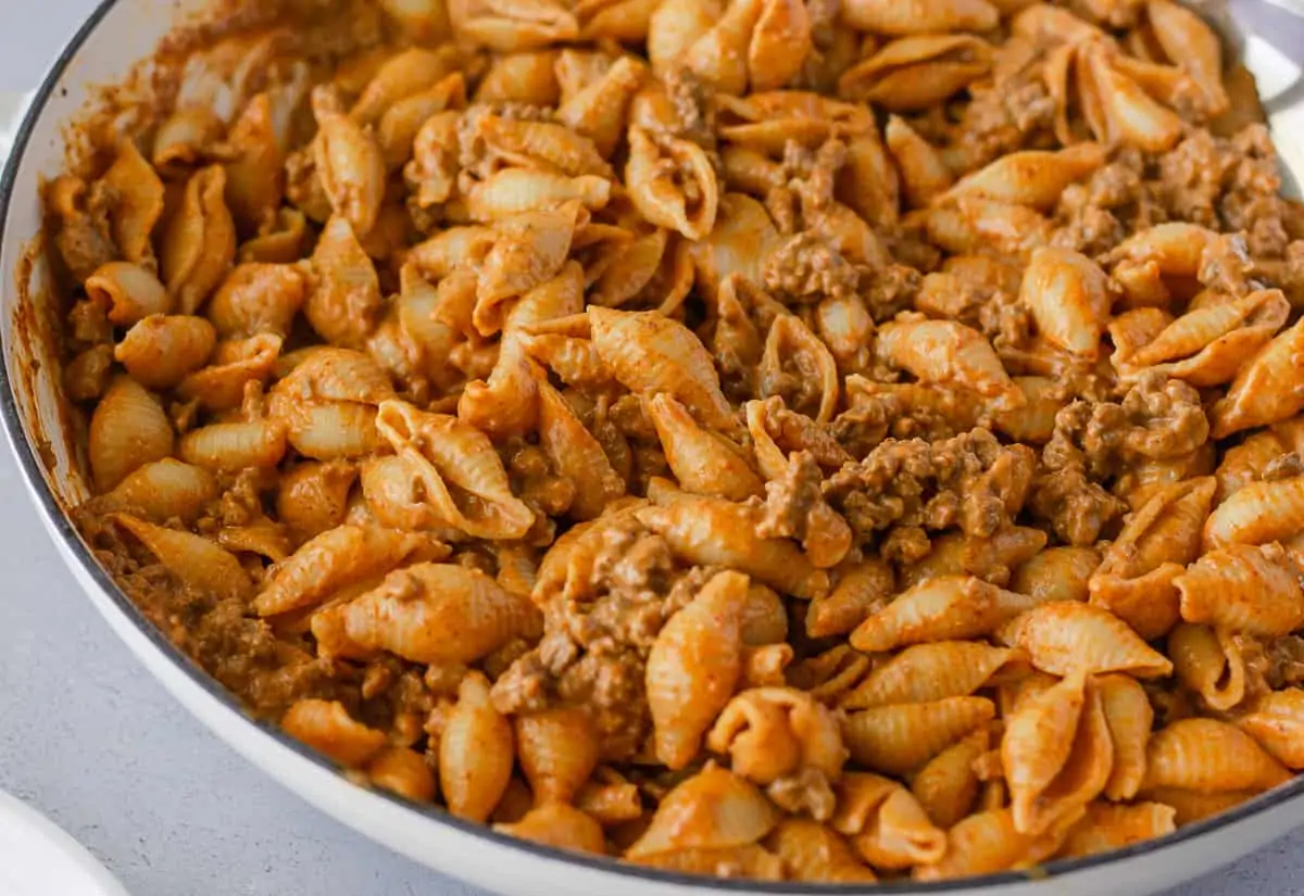 Pasta in a white skillet
