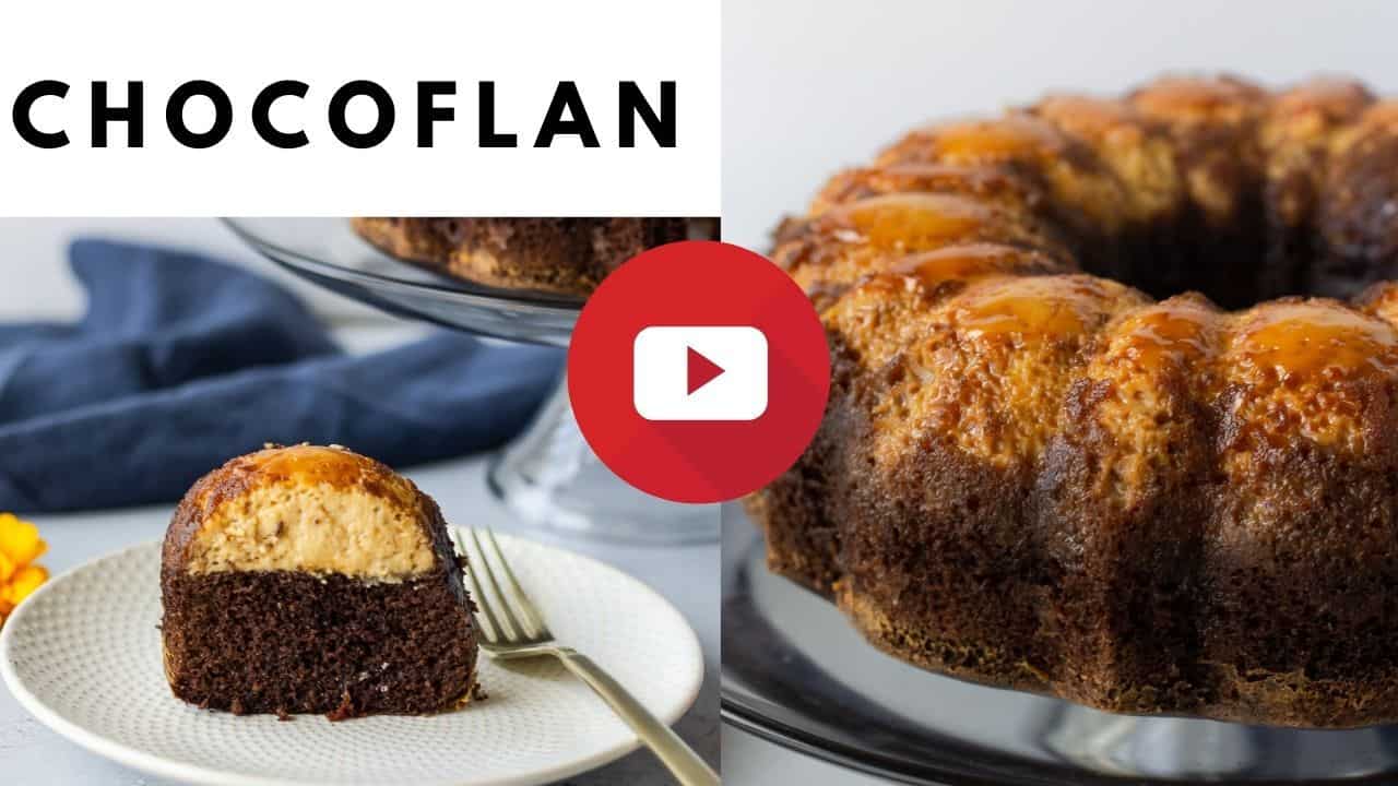 YouTube thumbnail with 2 images of chocoflan, one whole and one sliced.