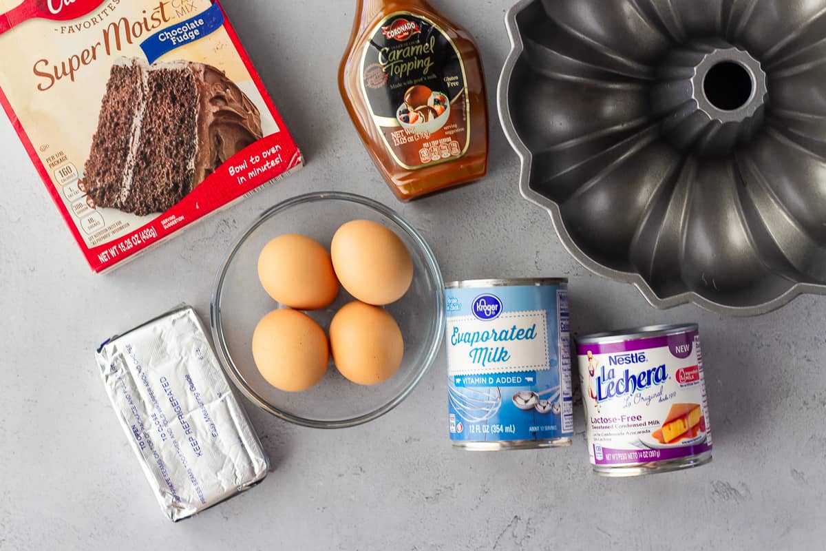 Ingredients and bundt pan for chocoflan.