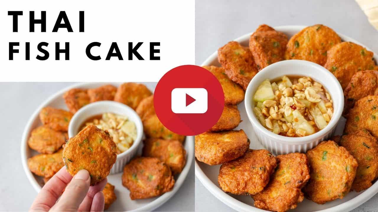 YouTube thumbnail with 2 images of fish cakes on a plate and text.