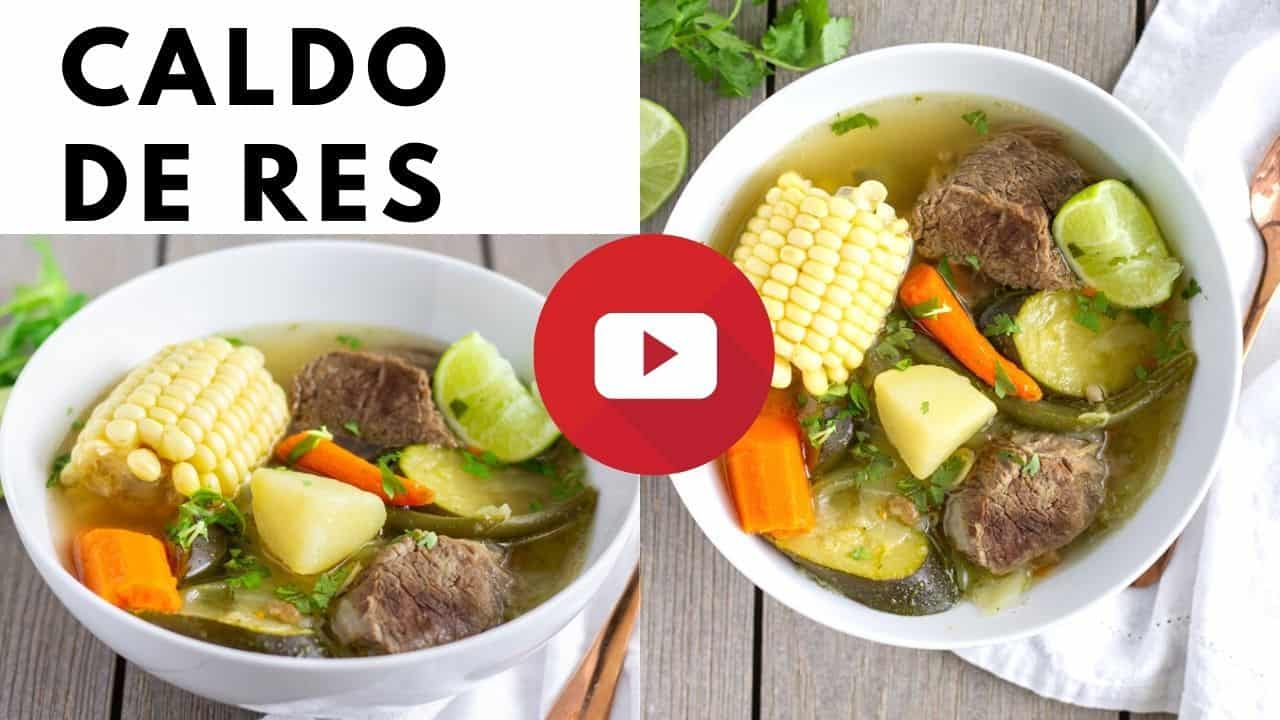YouTube thumbnail with 2 images of soup and text saying, 'Caldo de res'.