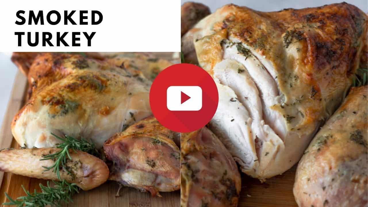 YouTube thumbnail with 2 images of a cooked turkey and text saying, 'Smoked Turkey'.