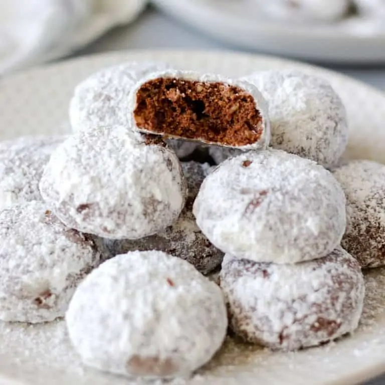 Up close shot of cookies on a plate and one with a bite taken out.