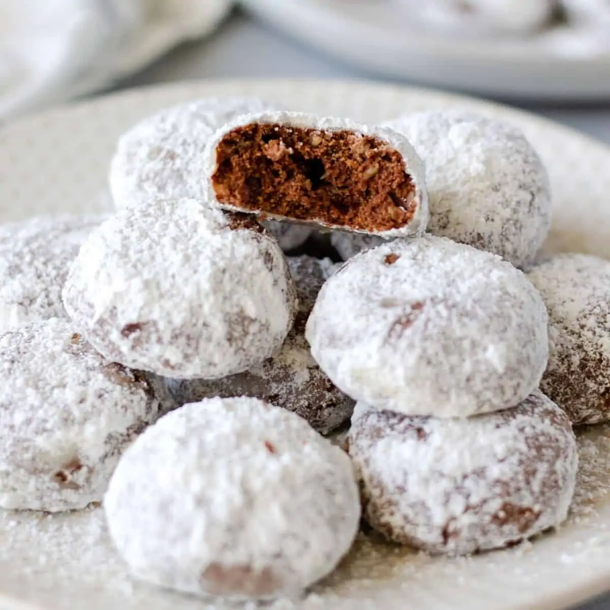 Up close shot of cookies on a plate and one with a bite taken out.