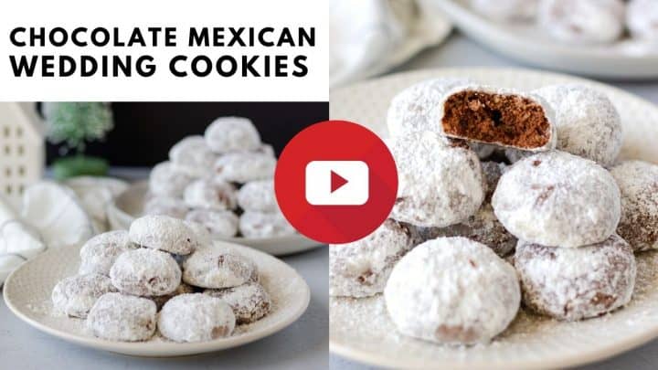 YouTube thumbnail with 2 images of cookies and text saying, 'Chocolate Mexican Wedding Cookies'.